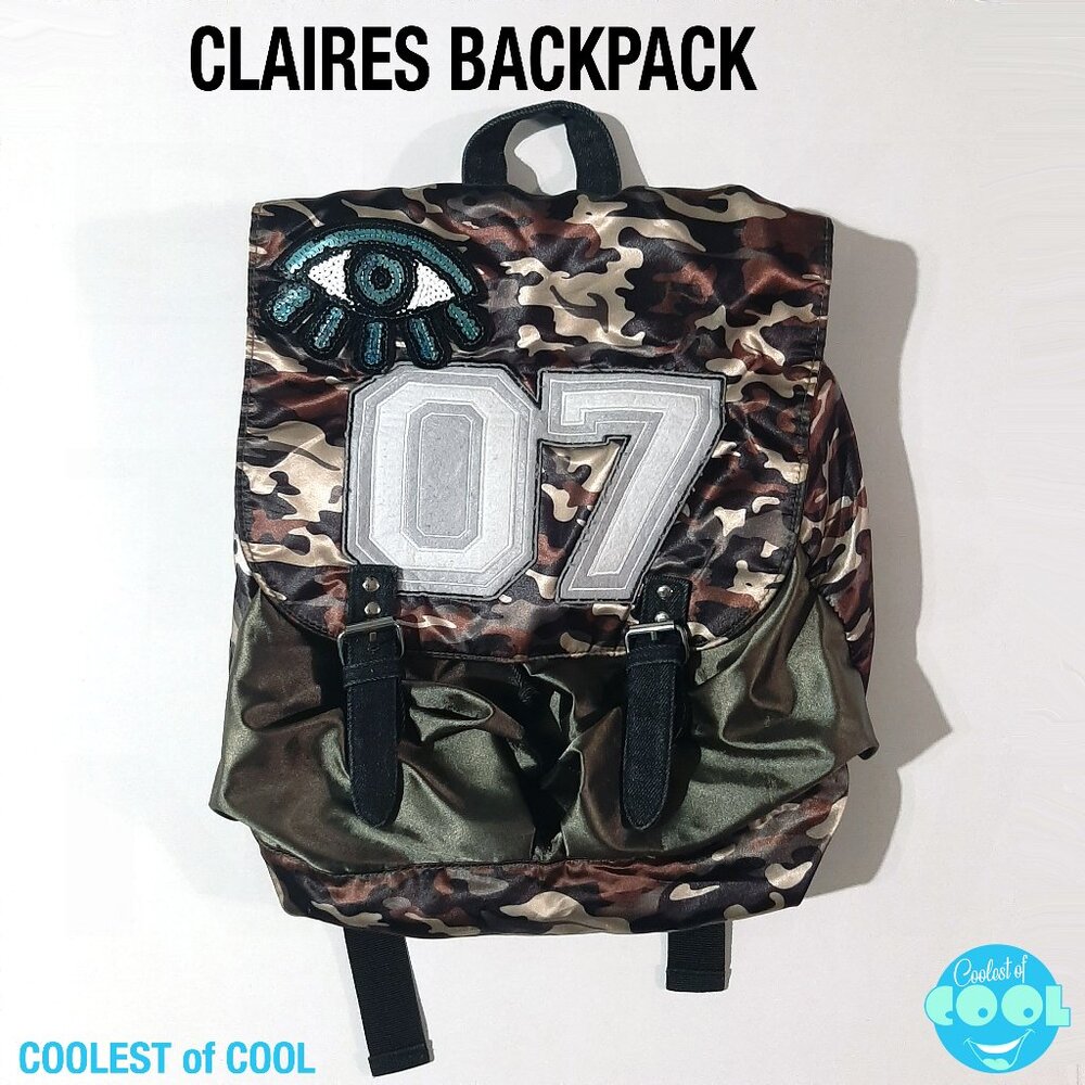 Claires camo backpack sequin eye 07 satin adjustable straps good condition Rare